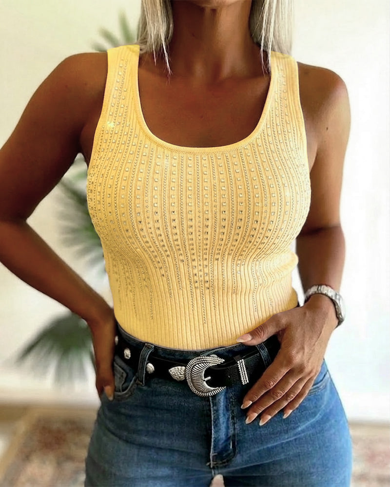 Rhinestone Decor U-Neck Sleeveless Tee Slim Fit Backless Ribbed Tank Top