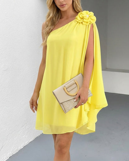 3D Flower Decor One Shoulder Sleeveless Mini Dress Casual A Line Vacation Dress