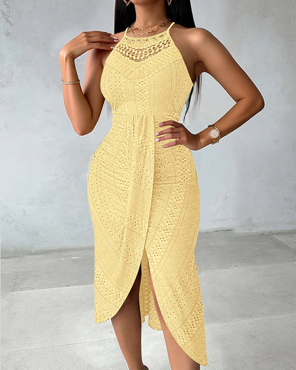 Halter Tie Criss Cross Front Ruched Knit Jacquard Textured Slit Dress Casual Hollow-out Draped Vacation Dress