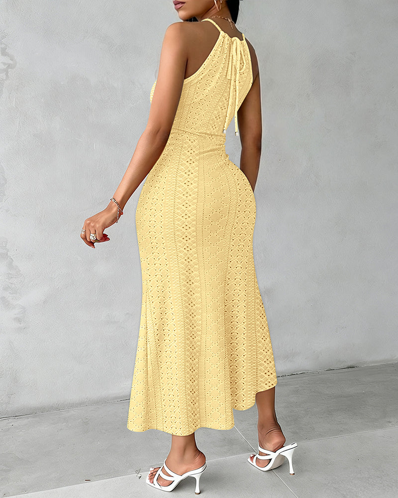 Halter Tie Criss Cross Front Ruched Knit Jacquard Textured Slit Dress Casual Hollow-out Draped Vacation Dress