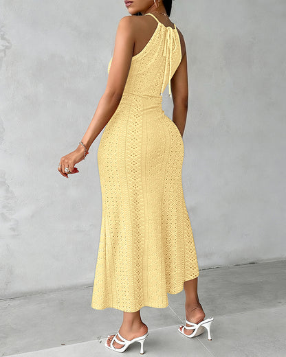 Halter Tie Criss Cross Front Ruched Knit Jacquard Textured Slit Dress Casual Hollow-out Draped Vacation Dress