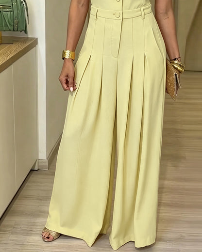 Mono elegante para mujer con solapas, escote en V, mangas cortas, cintura alta y perneras anchas