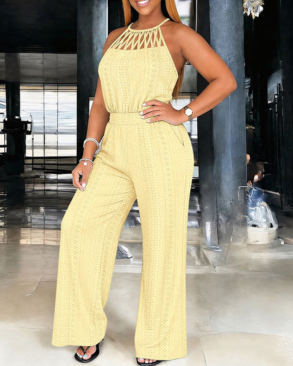 CHICME Women's Halter Tie Knit Jacquard Jumpsuit Hollow-Out Criss-Cross Front Shirred Wide-Leg Overalls