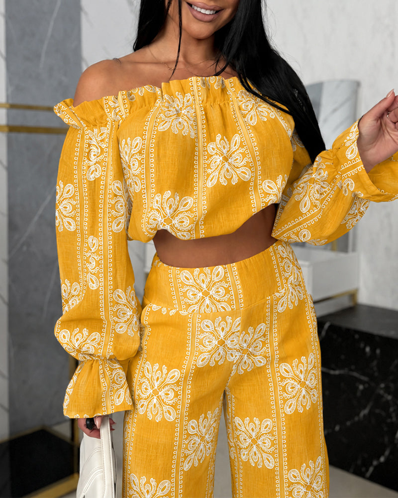 Women's Vintage Print 2 Piece Set Ruffle Off Shoulder Flared Cuff Top and Wide Leg Pants Casual Tropical Vacation Outfits