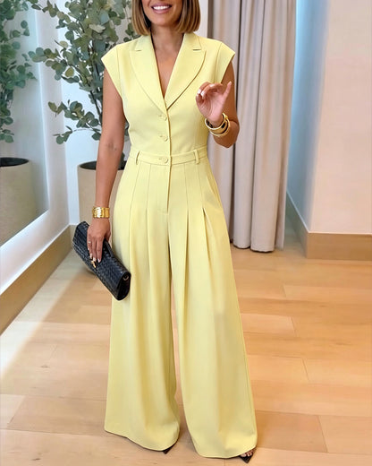 Mono elegante para mujer con solapas, escote en V, mangas cortas, cintura alta y perneras anchas