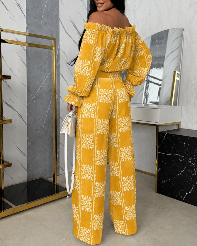 Women's Vintage Print 2 Piece Set Ruffle Off Shoulder Flared Cuff Top and Wide Leg Pants Casual Tropical Vacation Outfits