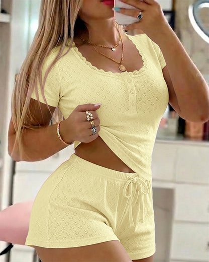 Women's Jacquard Heart Pajama Set Lace Trim Square Neck Short Sleeve Top and Shorts 2 Piece Lounge Set