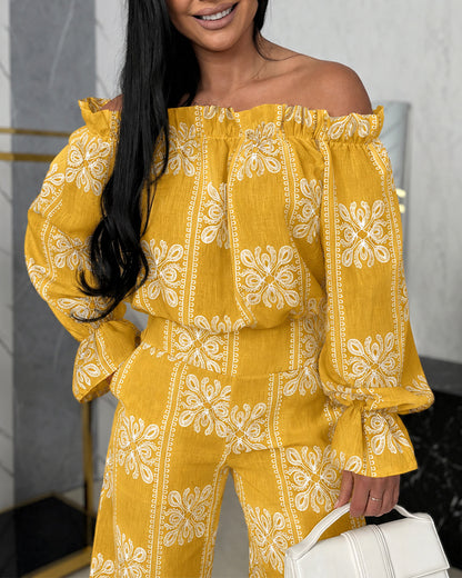 Women's Vintage Print 2 Piece Set Ruffle Off Shoulder Flared Cuff Top and Wide Leg Pants Casual Tropical Vacation Outfits