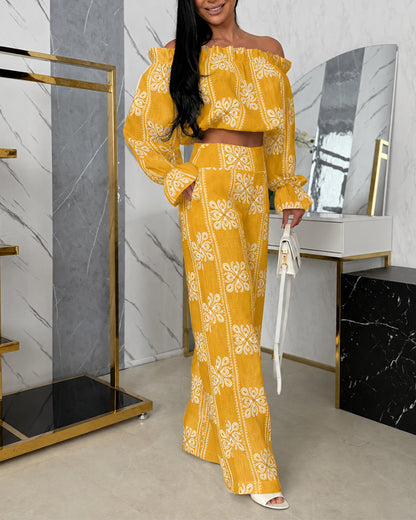 Women's Vintage Print 2 Piece Set Ruffle Off Shoulder Flared Cuff Top and Wide Leg Pants Casual Tropical Vacation Outfits