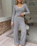 Women's 2 Piece Ribbed Lounge Sets Lace Trim Long Sleeve Top and High Waisted Pants Pajamas Sets with Pockets