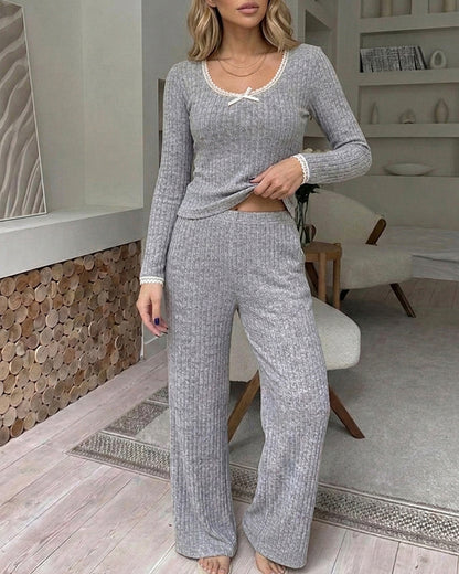 Women's 2 Piece Ribbed Lounge Sets Lace Trim Long Sleeve Top and High Waisted Pants Pajamas Sets with Pockets